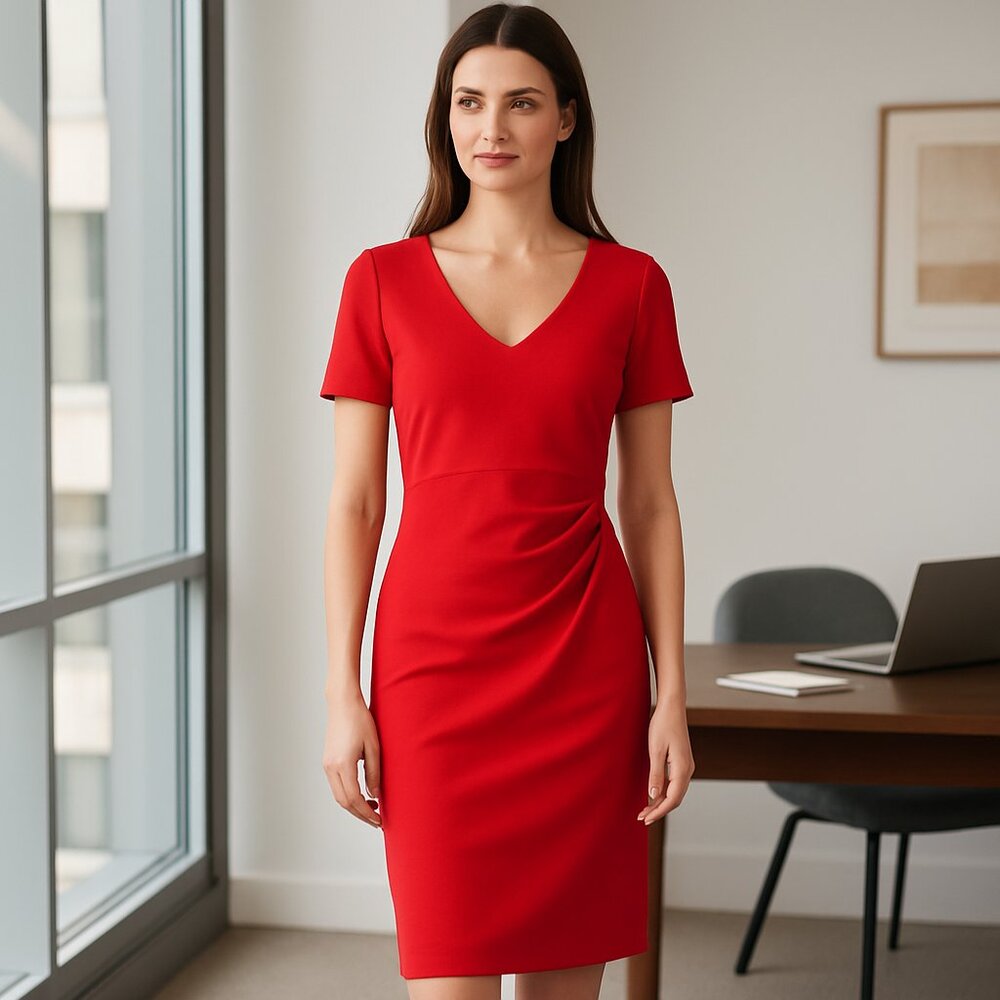 Boden Red Ruched Sheath Dress Size 8 Short Sleeve Stretch Midi Workwear Chic